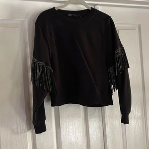 Zara crew neck sweater with rhinestone fringe